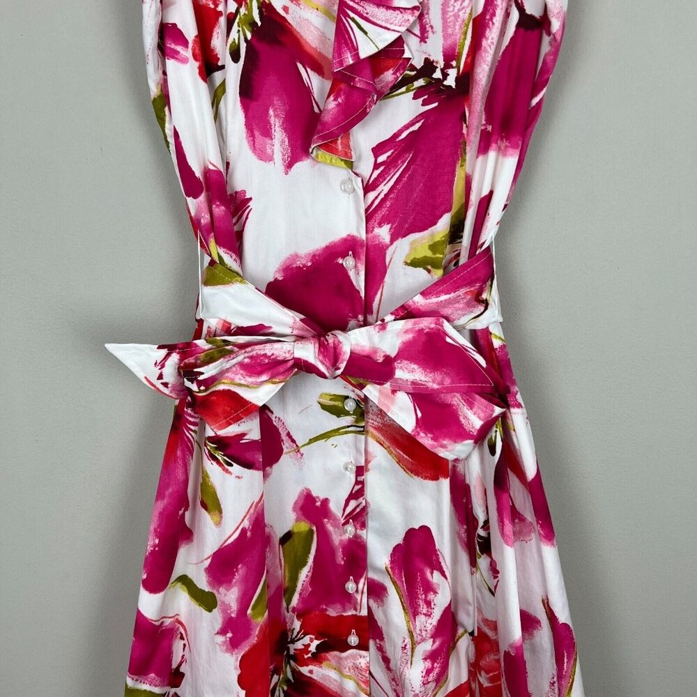 Jones New York Dress Womens 10 Pink Floral Ruffle Collar Belted Button Up A-Line - Picture 5 of 12